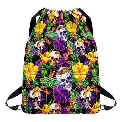 Purple Tropical Skull Pattern Print Drawstring Backpack