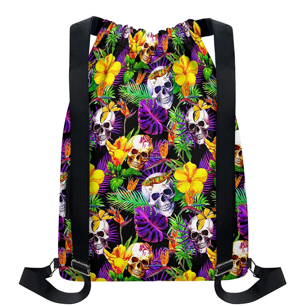 Purple Tropical Skull Pattern Print Drawstring Backpack