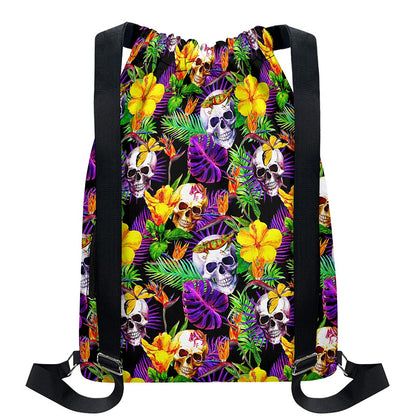 Purple Tropical Skull Pattern Print Drawstring Backpack