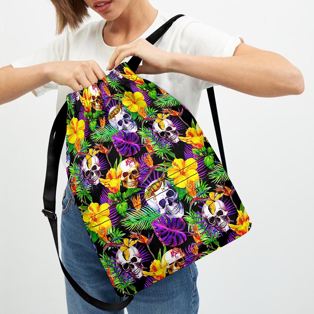 Purple Tropical Skull Pattern Print Drawstring Backpack