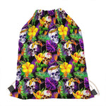 Purple Tropical Skull Pattern Print Drawstring Bag