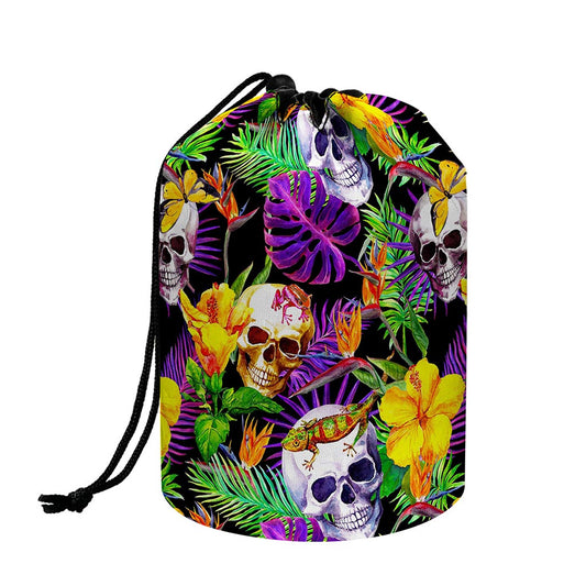 Purple Tropical Skull Pattern Print Drawstring Makeup Bag