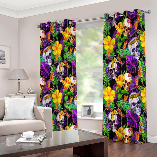 Purple Tropical Skull Pattern Print Extra Wide Grommet Curtains