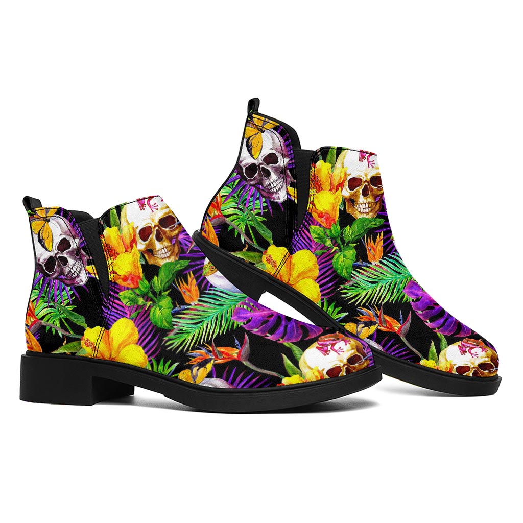 Purple Tropical Skull Pattern Print Flat Ankle Boots
