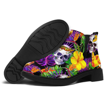 Purple Tropical Skull Pattern Print Flat Ankle Boots