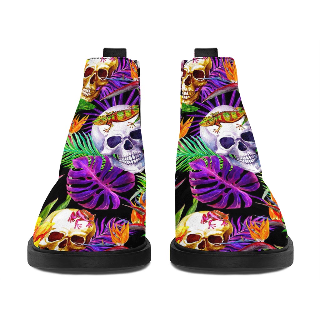 Purple Tropical Skull Pattern Print Flat Ankle Boots