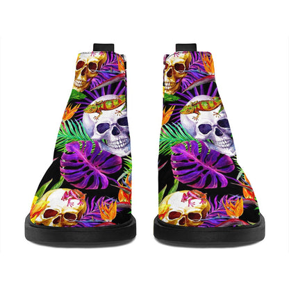 Purple Tropical Skull Pattern Print Flat Ankle Boots
