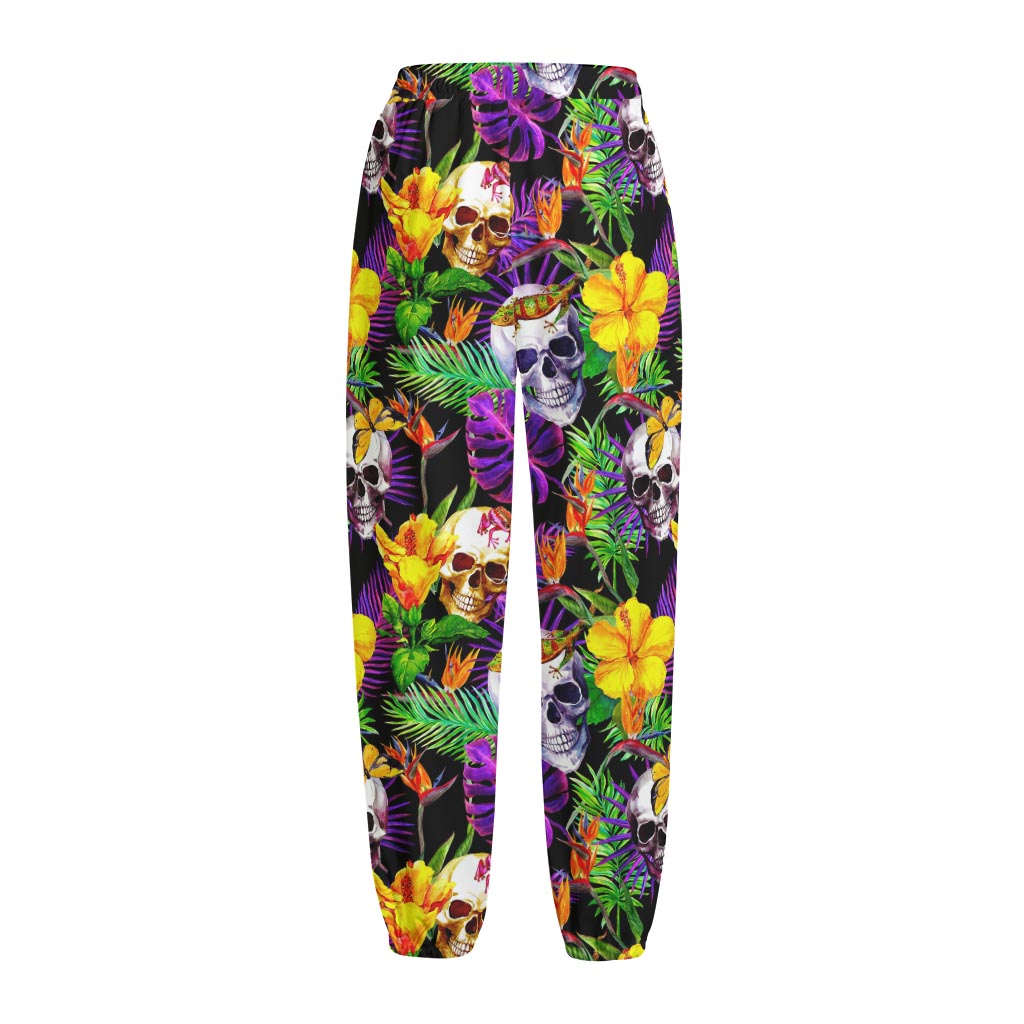 Purple Tropical Skull Pattern Print Fleece Lined Knit Pants