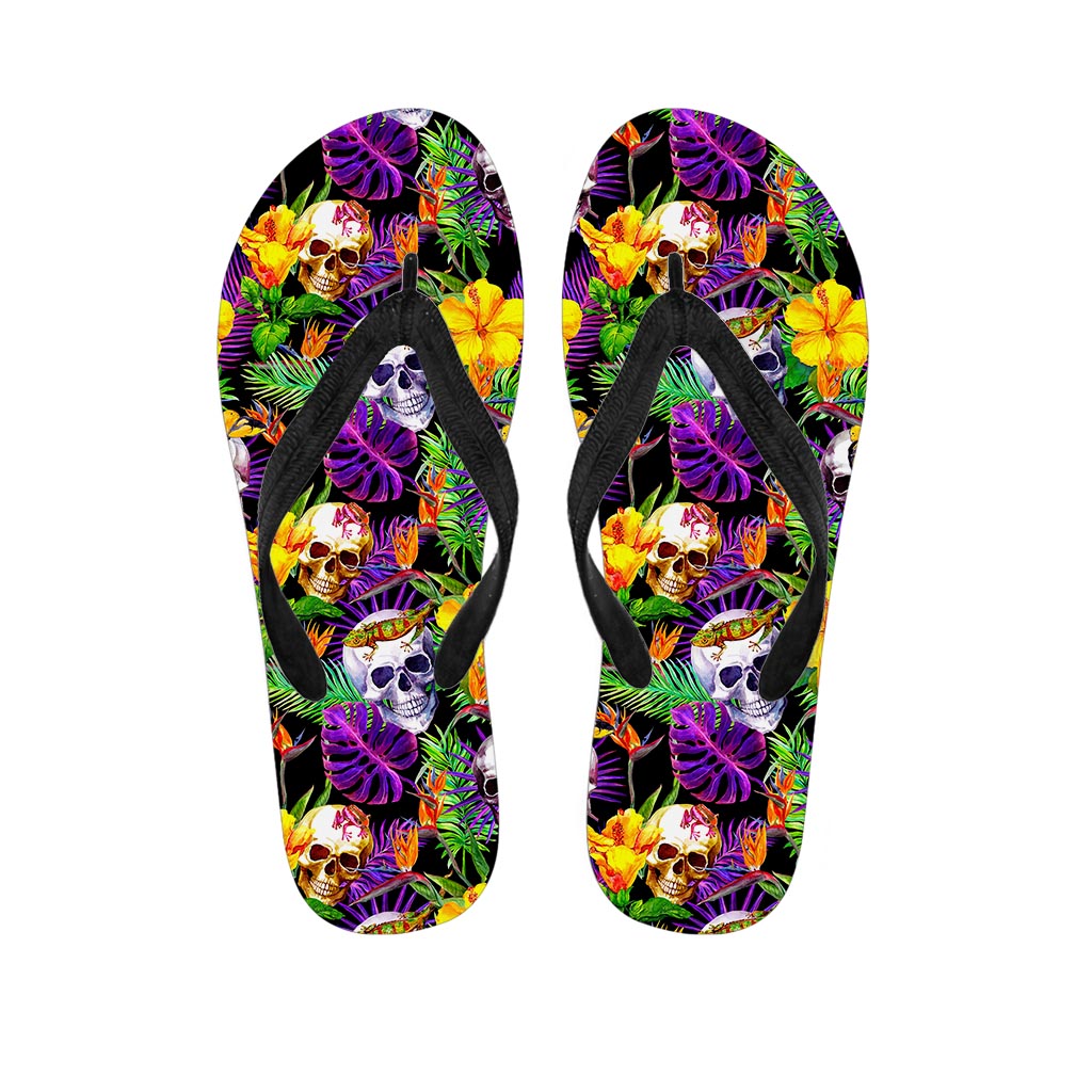 Purple Tropical Skull Pattern Print Flip Flops
