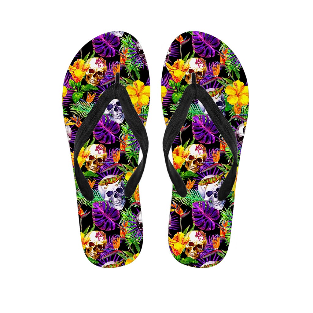 Purple Tropical Skull Pattern Print Flip Flops