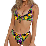 Purple Tropical Skull Pattern Print Front Bow Tie Bikini