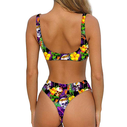 Purple Tropical Skull Pattern Print Front Bow Tie Bikini