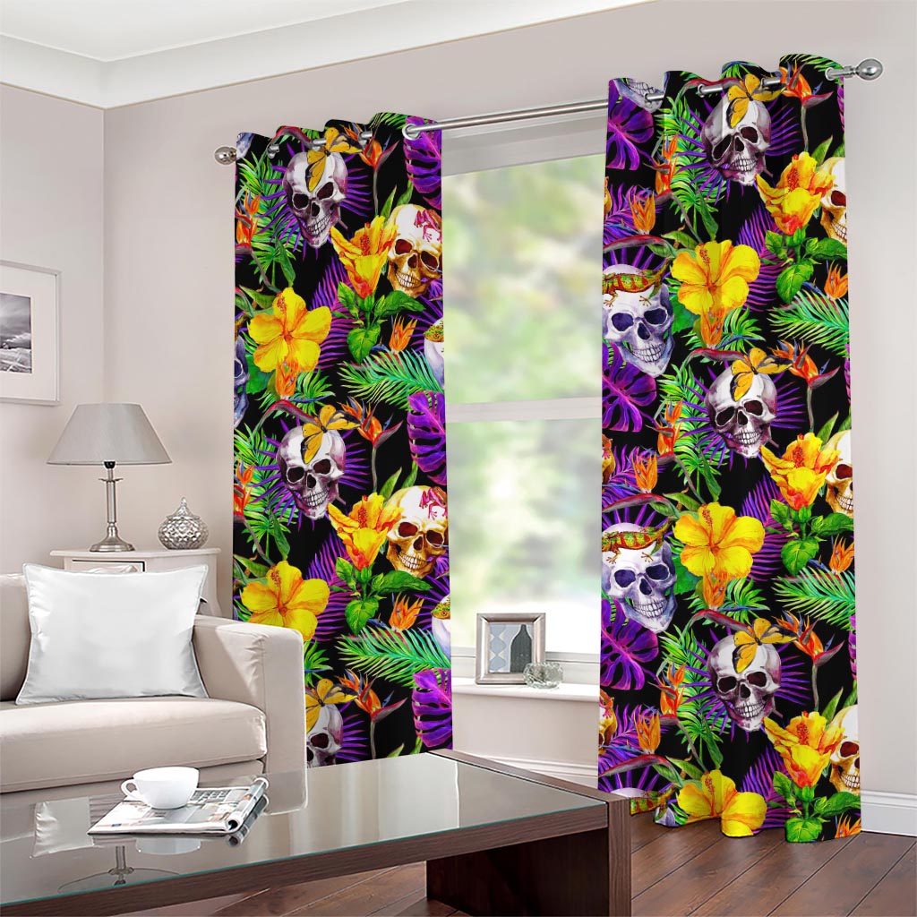 Purple Tropical Skull Pattern Print Grommet Curtains