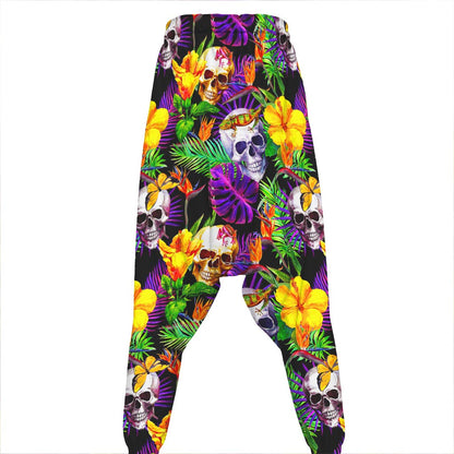 Purple Tropical Skull Pattern Print Hammer Pants