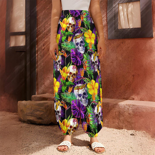 Purple Tropical Skull Pattern Print Harem Pants