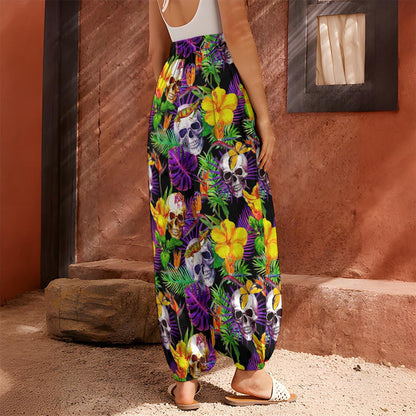 Purple Tropical Skull Pattern Print Harem Pants