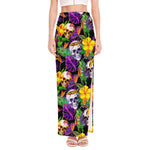 Purple Tropical Skull Pattern Print High Slit Maxi Skirt
