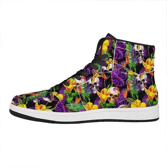 Purple Tropical Skull Pattern Print High Top Leather Sneakers