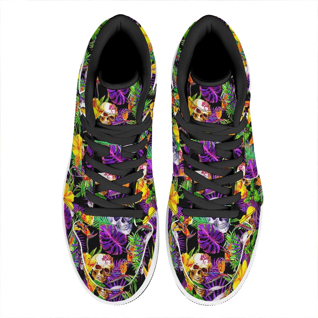 Purple Tropical Skull Pattern Print High Top Leather Sneakers