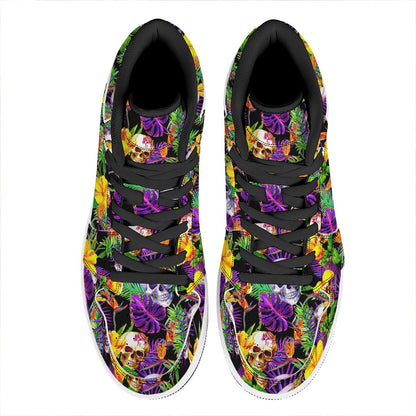 Purple Tropical Skull Pattern Print High Top Leather Sneakers