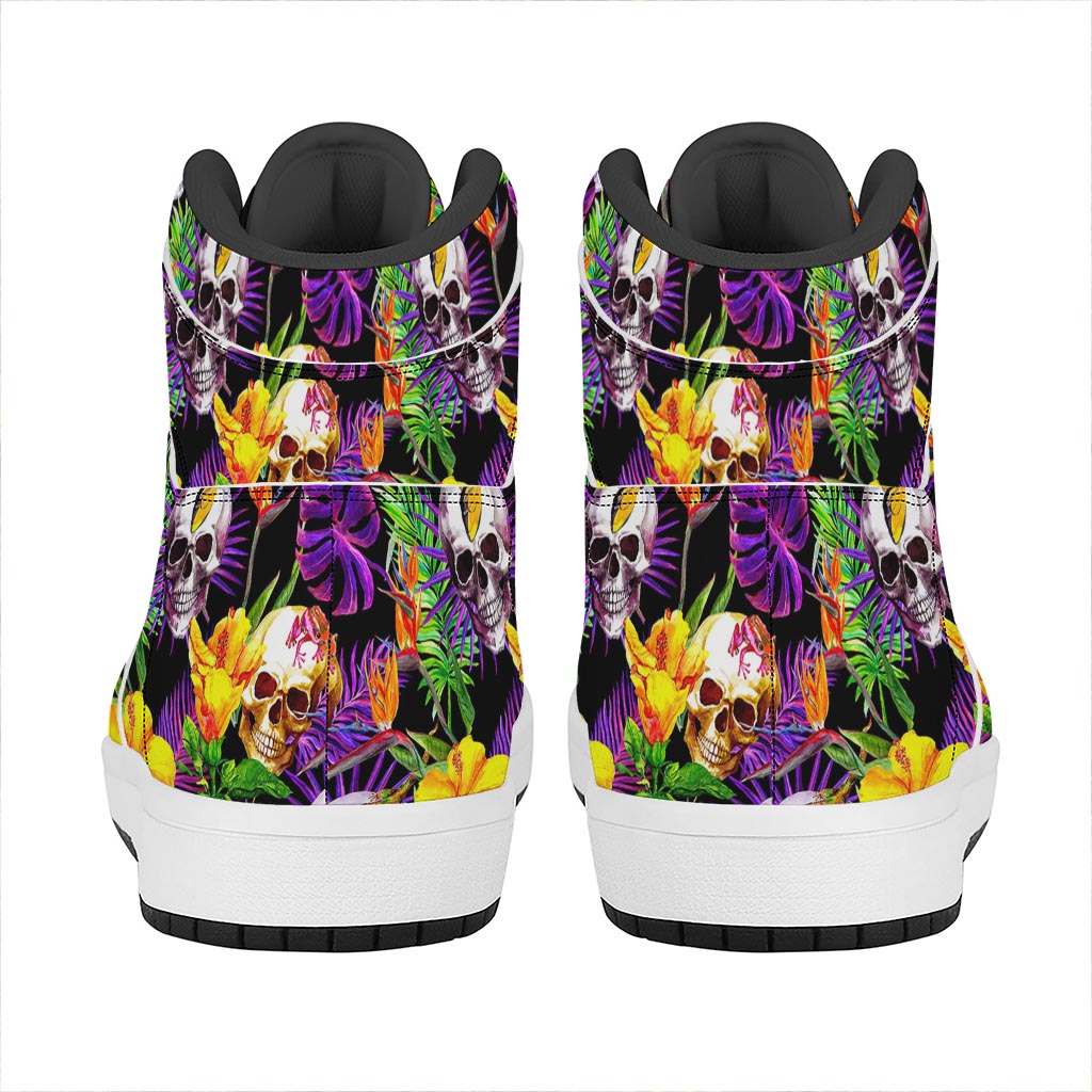 Purple Tropical Skull Pattern Print High Top Leather Sneakers