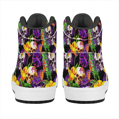 Purple Tropical Skull Pattern Print High Top Leather Sneakers