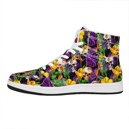 Purple Tropical Skull Pattern Print High Top Leather Sneakers