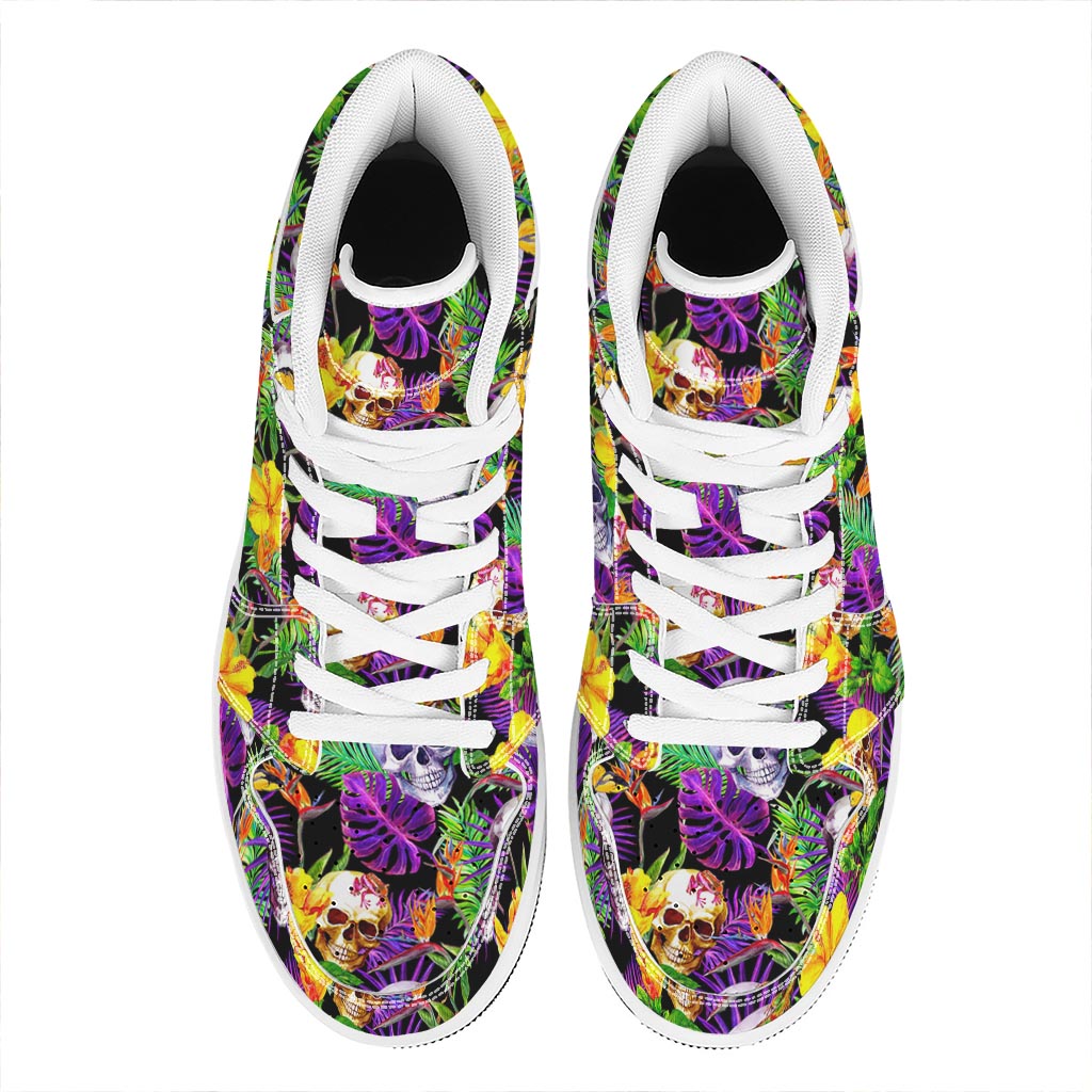 Purple Tropical Skull Pattern Print High Top Leather Sneakers