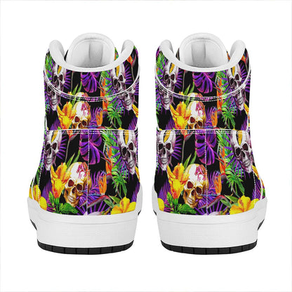 Purple Tropical Skull Pattern Print High Top Leather Sneakers