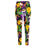 Purple Tropical Skull Pattern Print High-Waisted Pocket Leggings