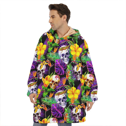 Purple Tropical Skull Pattern Print Hoodie Blanket