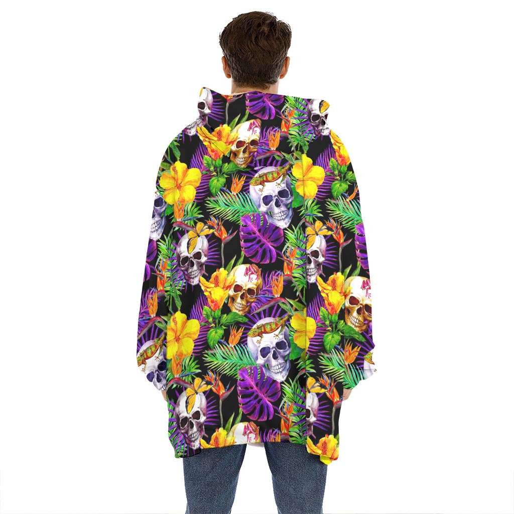 Purple Tropical Skull Pattern Print Hoodie Blanket