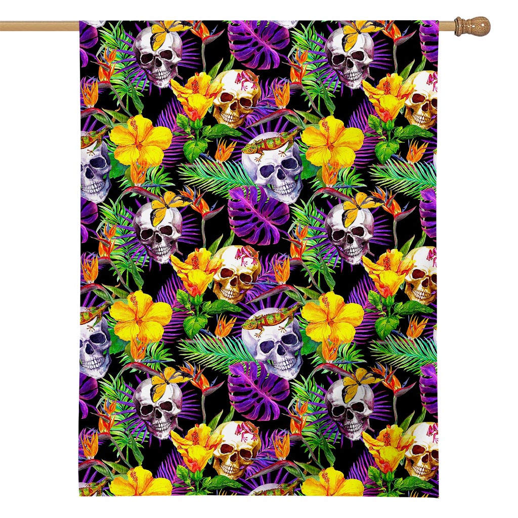 Purple Tropical Skull Pattern Print House Flag