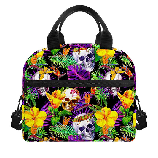 Purple Tropical Skull Pattern Print Insulated Lunch Bag
