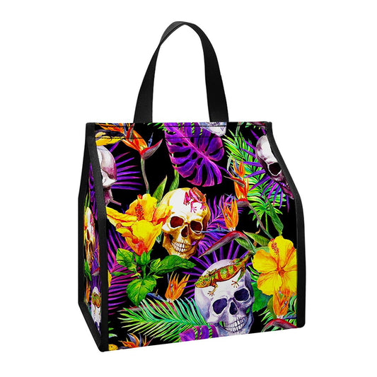 Purple Tropical Skull Pattern Print Insulated Lunch Tote