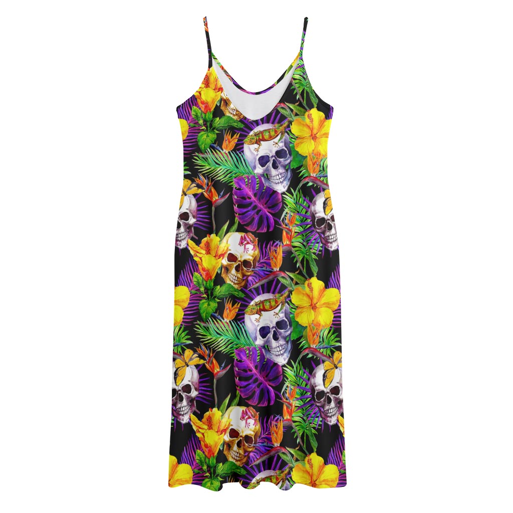 Purple Tropical Skull Pattern Print Jersey Midi Cami Dress