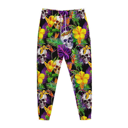 Purple Tropical Skull Pattern Print Jogger Pants