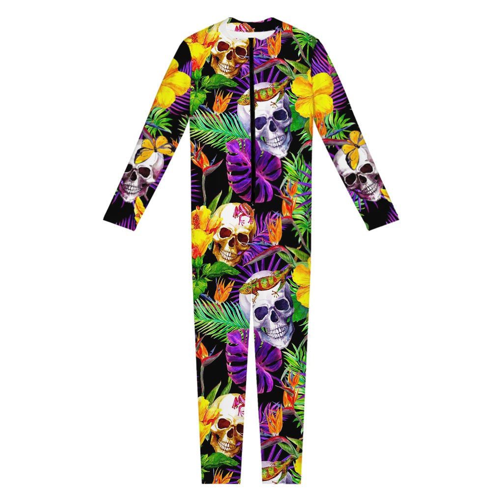 Purple Tropical Skull Pattern Print Jumpsuit