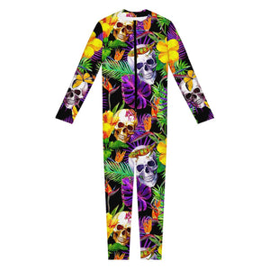 Purple Tropical Skull Pattern Print Jumpsuit