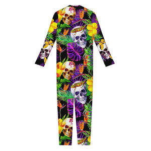 Purple Tropical Skull Pattern Print Jumpsuit