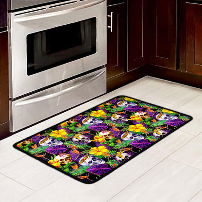 Purple Tropical Skull Pattern Print Kitchen Mat