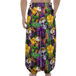 Purple Tropical Skull Pattern Print Lantern Pants