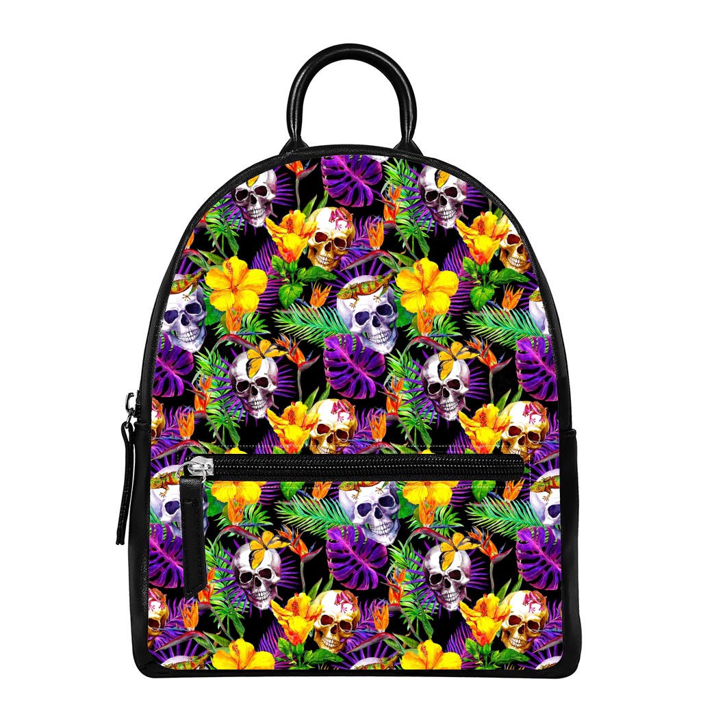 Purple Tropical Skull Pattern Print Leather Backpack
