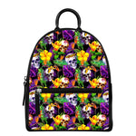 Purple Tropical Skull Pattern Print Leather Backpack
