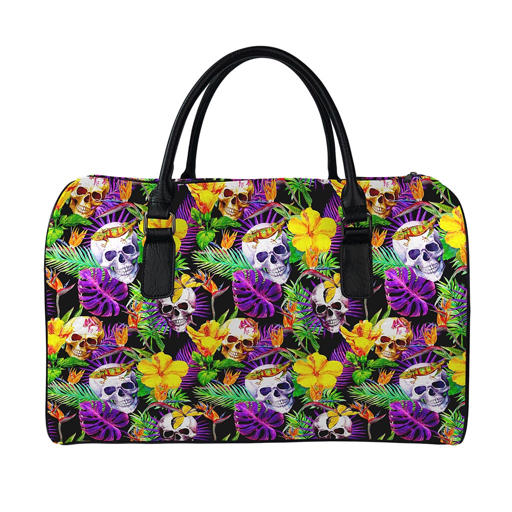 Purple Tropical Skull Pattern Print Leather Duffle Bag