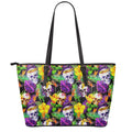 Purple Tropical Skull Pattern Print Leather Tote Bag With Zipper