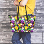 Purple Tropical Skull Pattern Print Leather Tote Bag