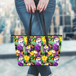 Purple Tropical Skull Pattern Print Leather Tote Bag