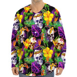 Purple Tropical Skull Pattern Print Long Sleeve Baseball Jersey