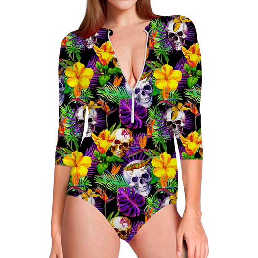 Purple Tropical Skull Pattern Print Long Sleeve Swimsuit